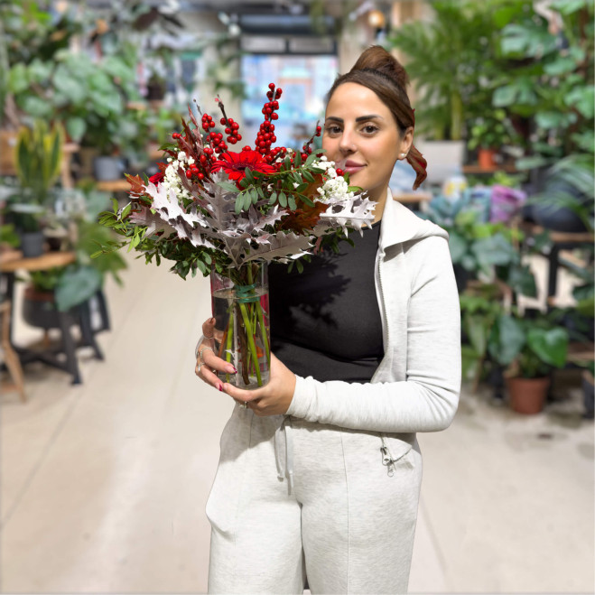 Minijarrón de flor navideña | Arreglo natural en rojo