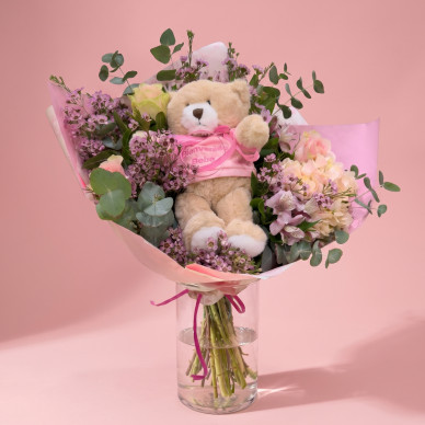 Ramo de flores para nacimiento con peluche | Regalo original para bebé
